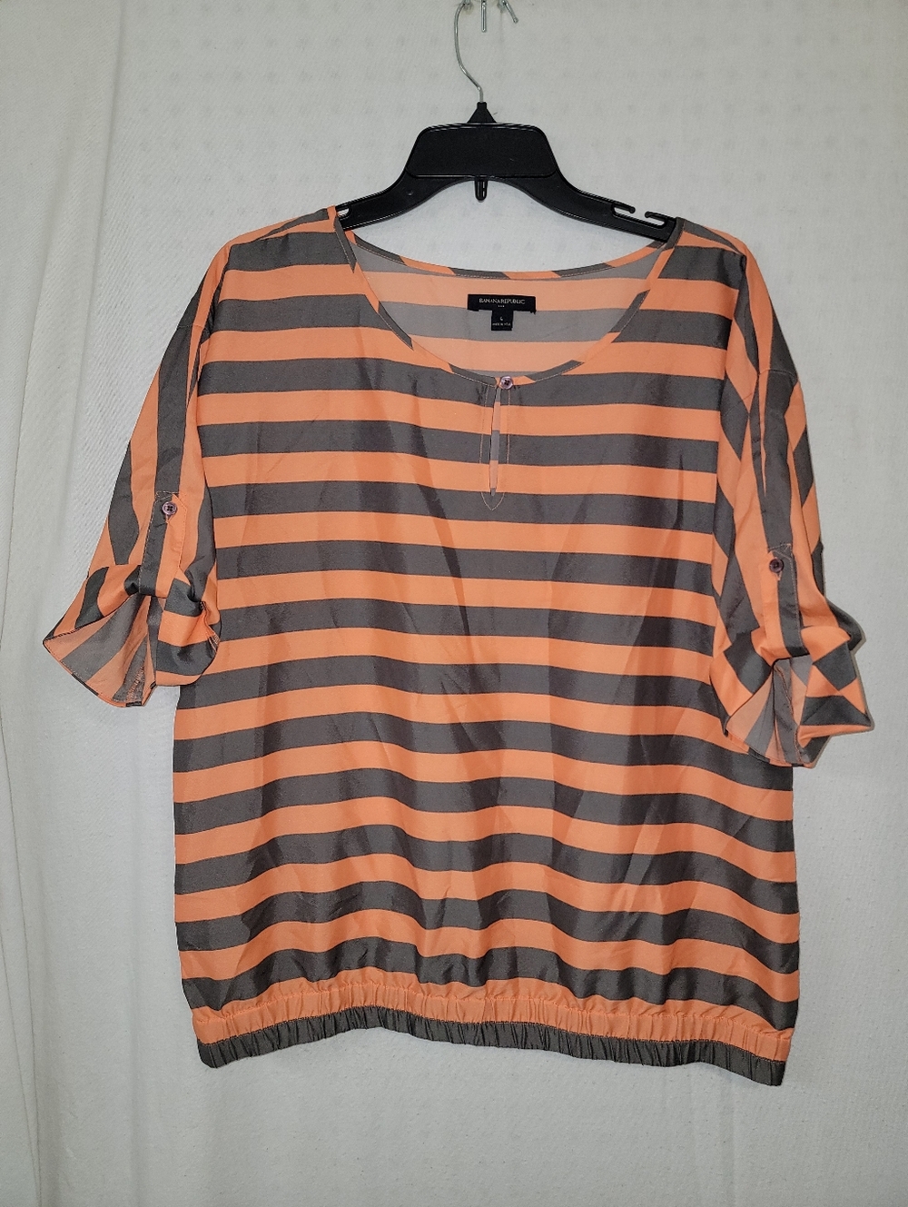 Banana Republic Peach and Charcoal Striped Short Sleeve Top Size Large